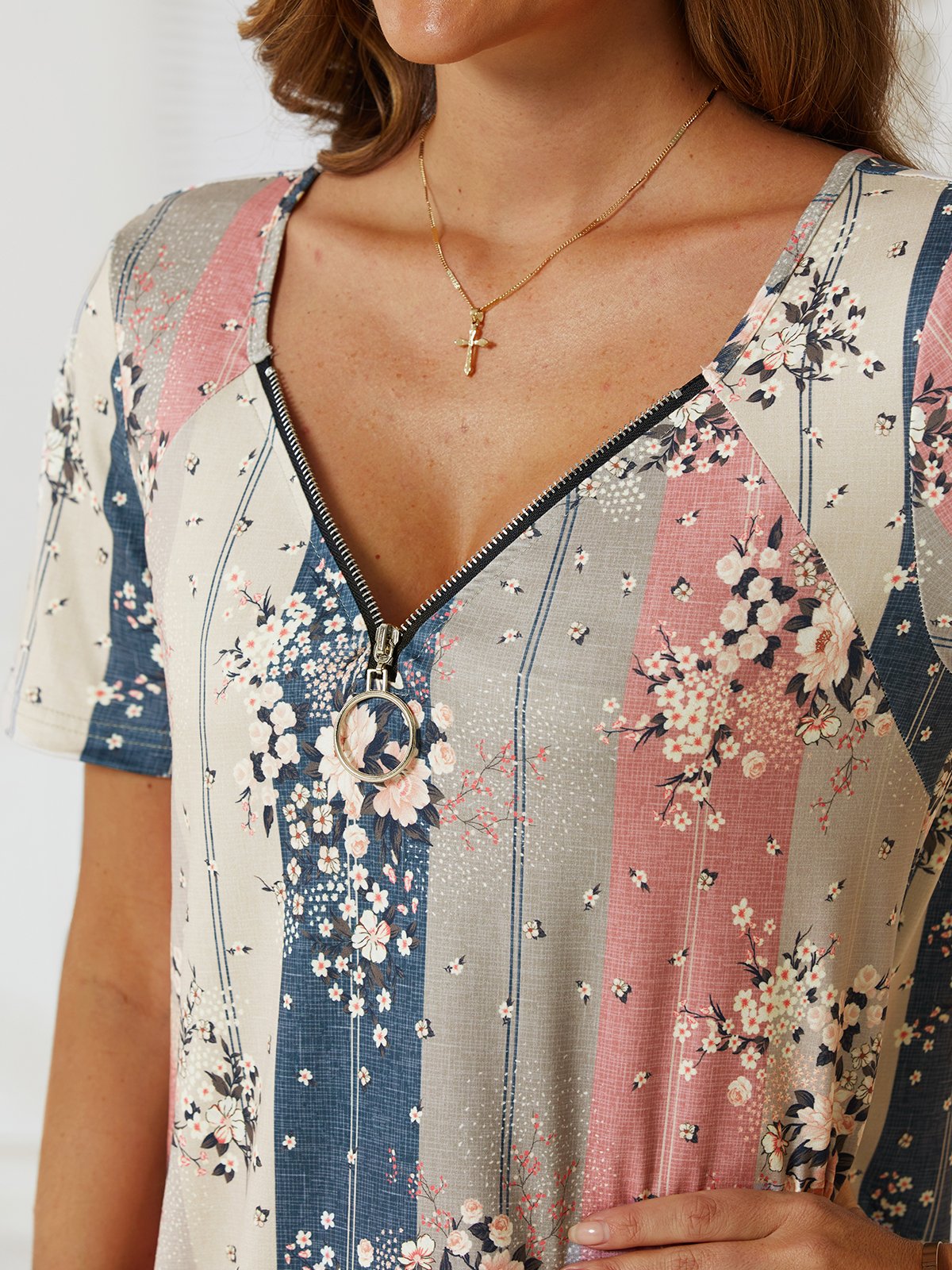 Cuello Pico Floral Aflojar Casual Manga Corta Top