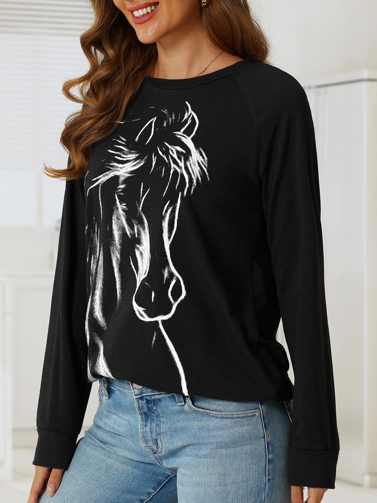 Caballo Estampado Manga Raglán Escote Redondo Casual Sudaderas