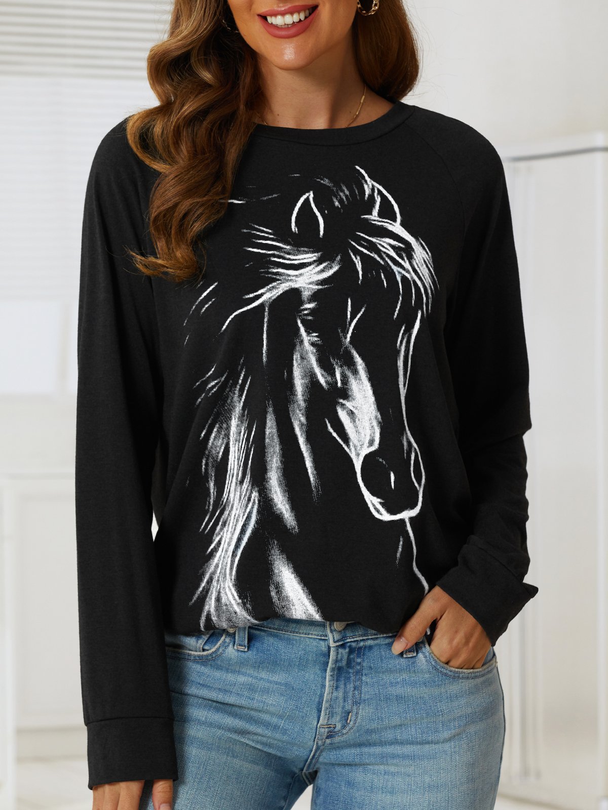 Caballo Estampado Manga Raglán Escote Redondo Casual Sudaderas