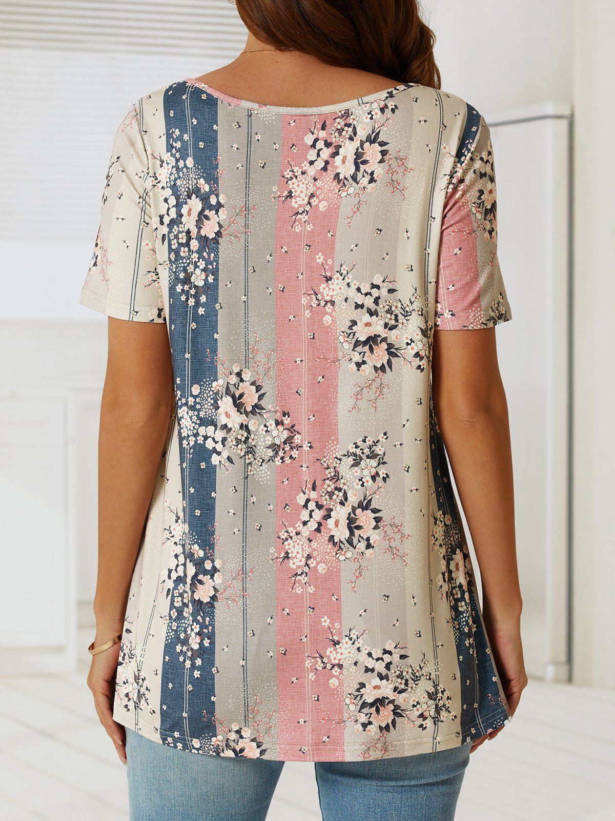Cuello Pico Floral Aflojar Casual Manga Corta Top