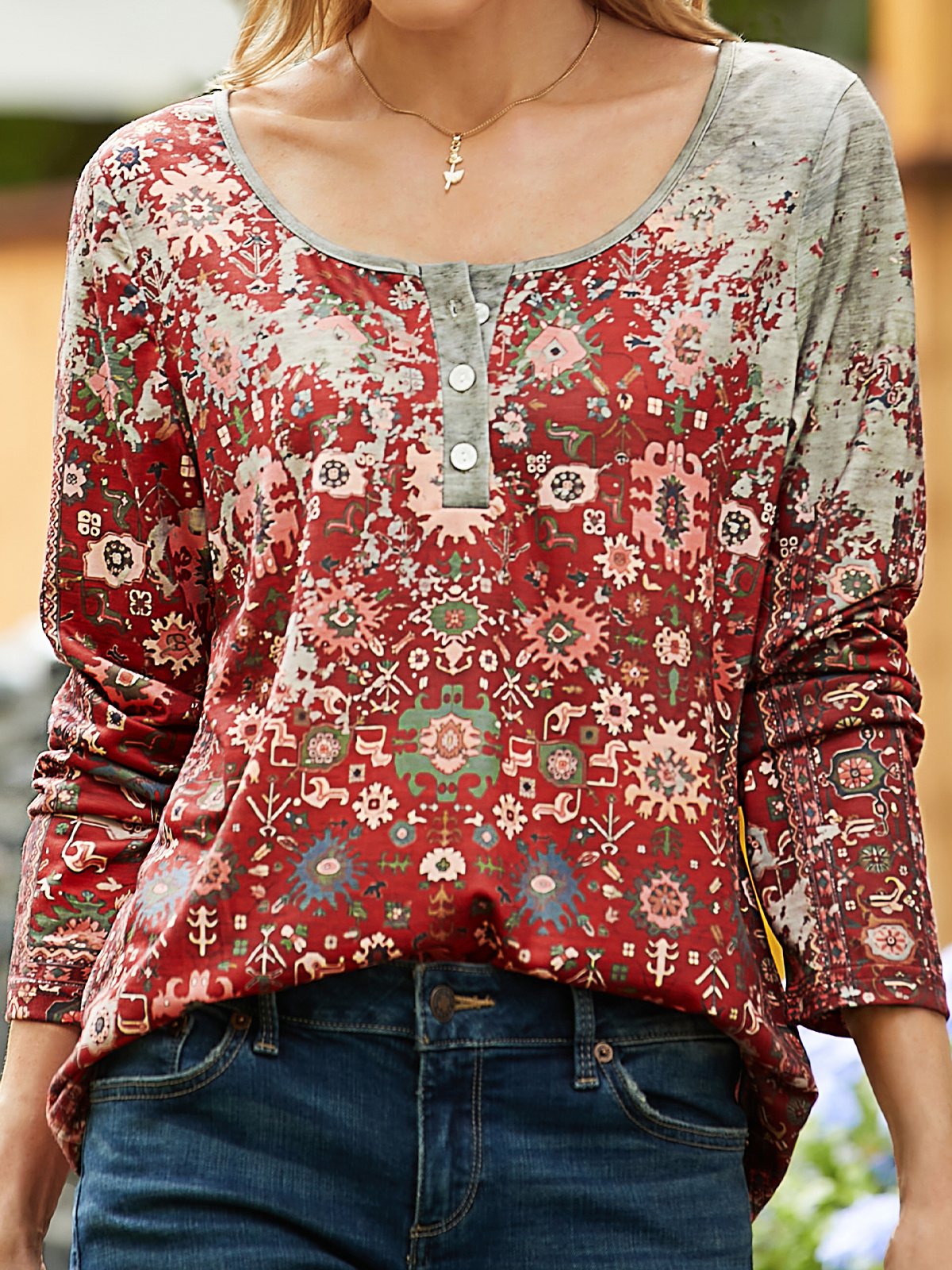 Top Cuello Pico Algodón Mezclado Étnico 