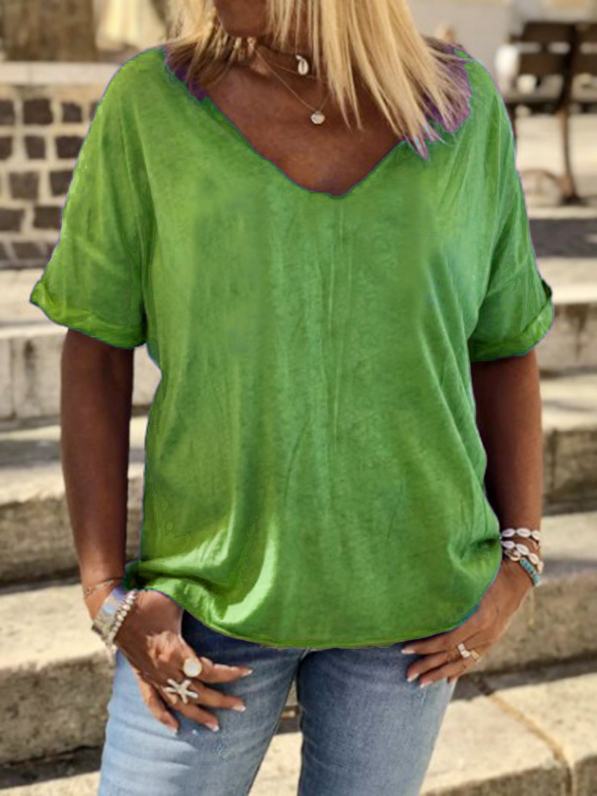 Camiseta  Liso Algodón-Mezclado Cuello Pico Casual 