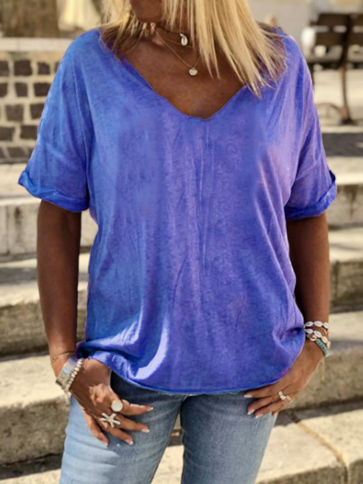 Camiseta  Liso Algodón-Mezclado Cuello Pico Casual 
