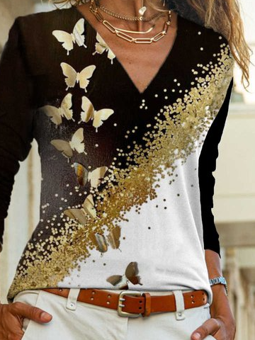 Mariposa Cuello Pico Algodón Mezclado Casual Camiseta