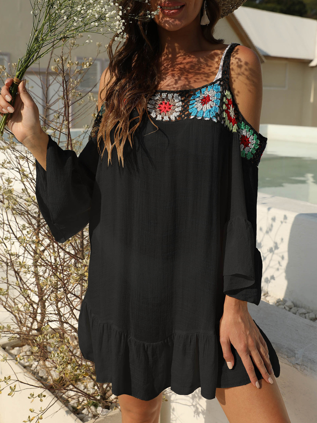 Vestido Mano Crochet Flor Con Paneles Sensual Tirantes Falda Fuera Del Hombro Con Volantes Playa Falda Casual De Manga De Volante Manga Corta Tejido