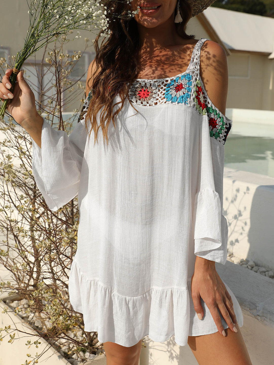 Vestido Mano Crochet Flor Con Paneles Sensual Tirantes Falda Fuera Del Hombro Con Volantes Playa Falda Casual De Manga De Volante Manga Corta Tejido