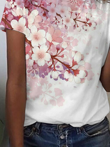 Regular Ajuste Cuello Redondo Floral Manga Corta Camiseta