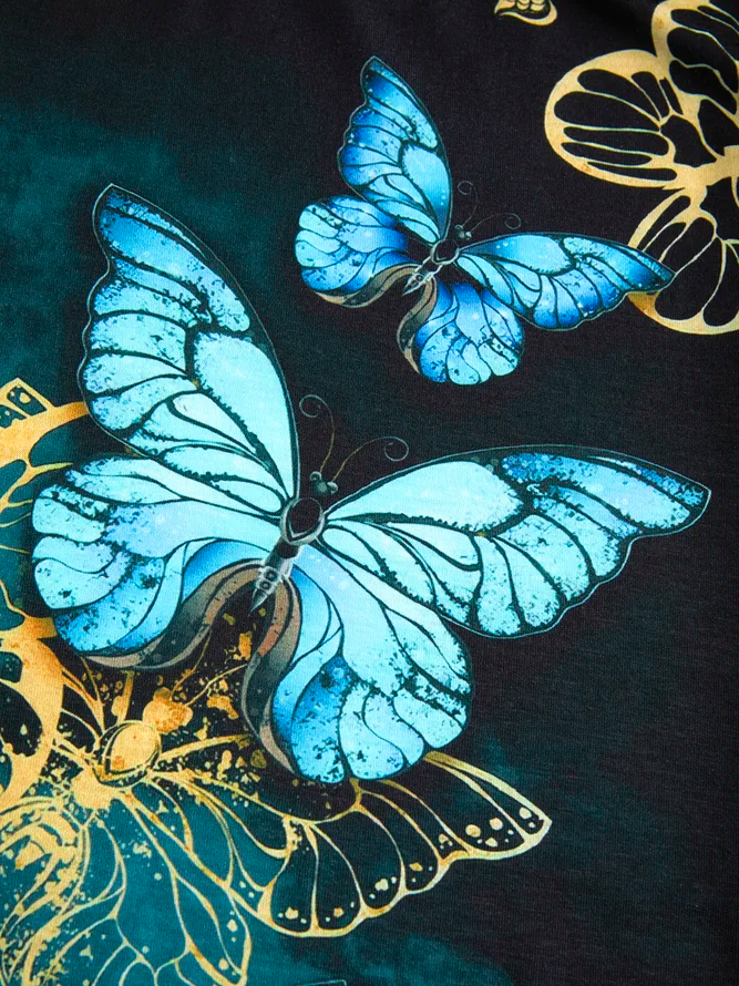 Casual Mariposa Estampado Floral Manga Corta Cuello Redondo Camiseta