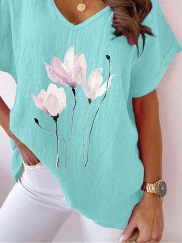 Camiseta Floral Algodón Cuello Pico Manga Corta Top