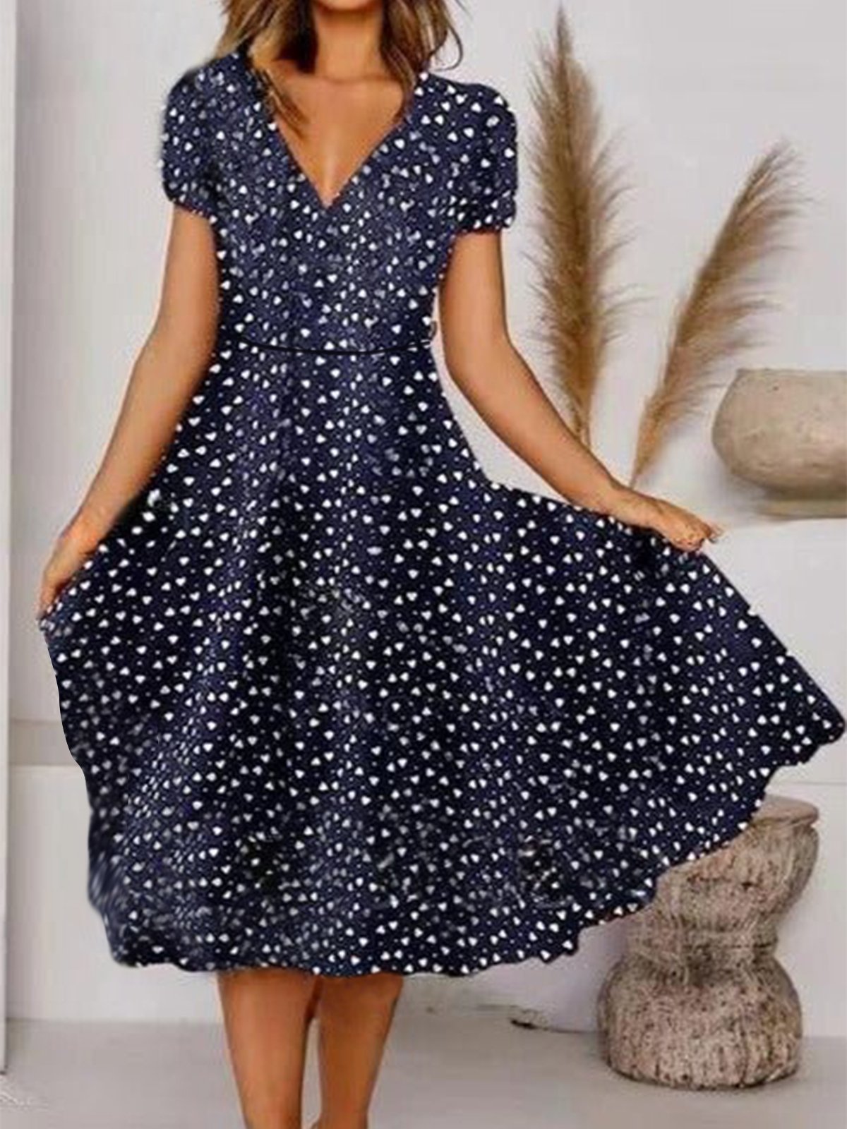 Corazón Vacación Con Oscilación Manga Corta Tejer Vestido