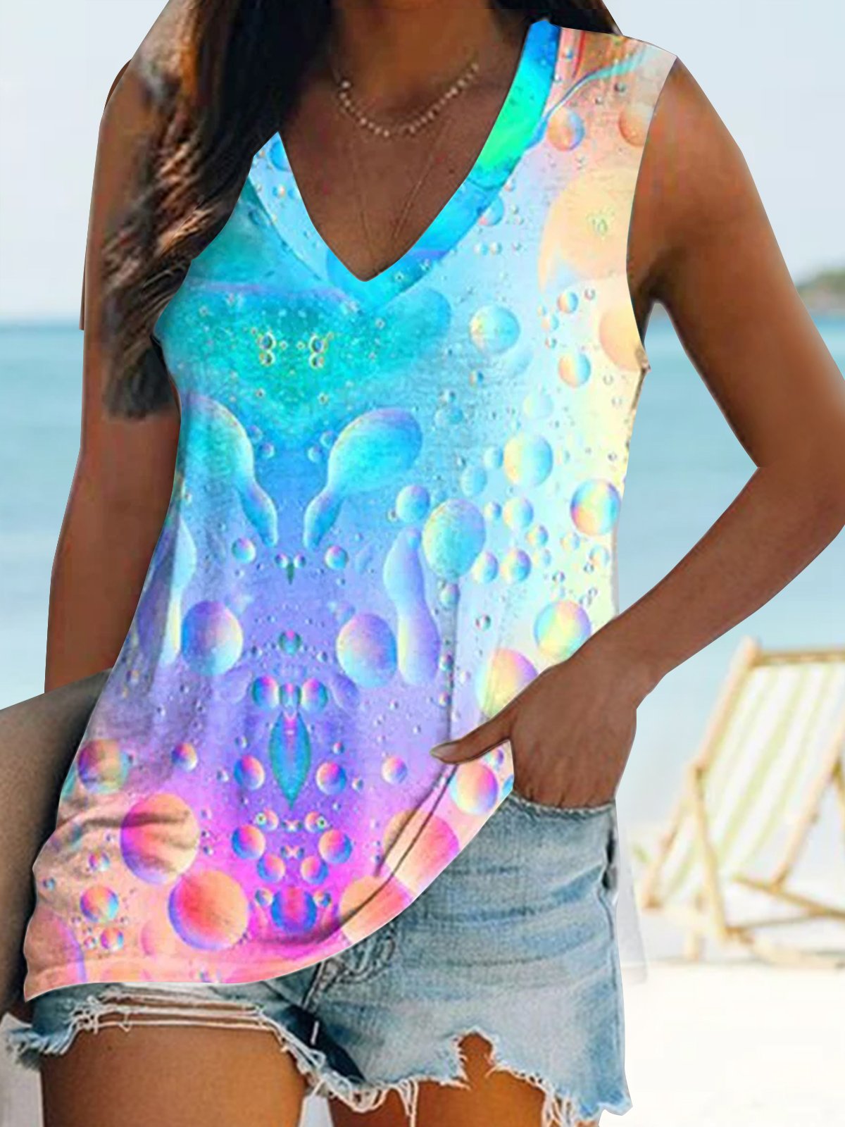 Luz Sombra Arco Iris Gradiente Burbuja Playa Diario Vacaciones Estampado Top Camiseta Talla Grande