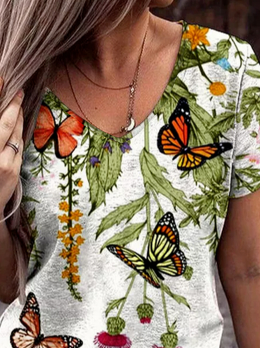 Algodón Mezclas Floral Mariposa Regular Ajuste Manga Corta Camiseta