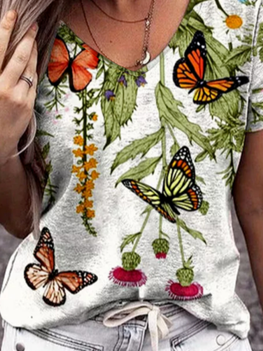 Algodón Mezclas Floral Mariposa Regular Ajuste Manga Corta Camiseta