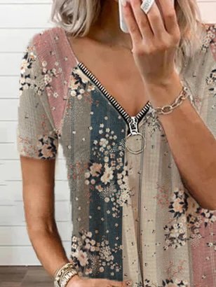 Cuello Pico Floral Aflojar Casual Manga Corta Top