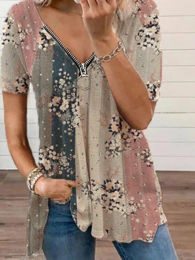 Cuello Pico Floral Aflojar Casual Manga Corta Top