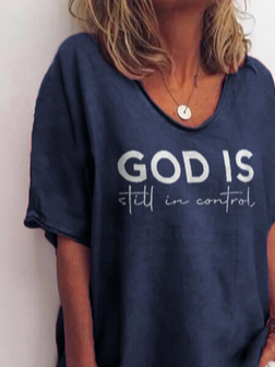 Cuello Pico Casual Letras Camiseta