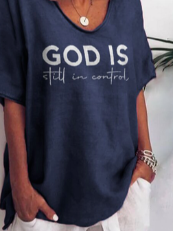Cuello Pico Casual Letras Camiseta
