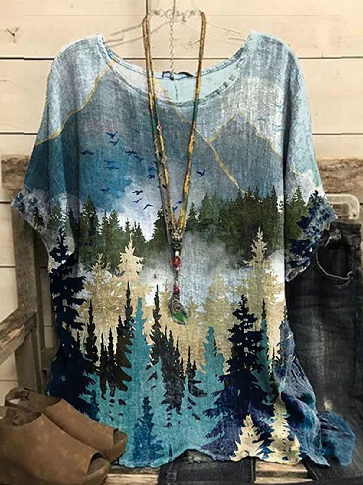 Escote Redondo Casual Paisaje Estampado Top