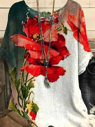 Floral Diseño Casual Flojo Muñeca Manga Escote Redondo Manga Corta Camiseta