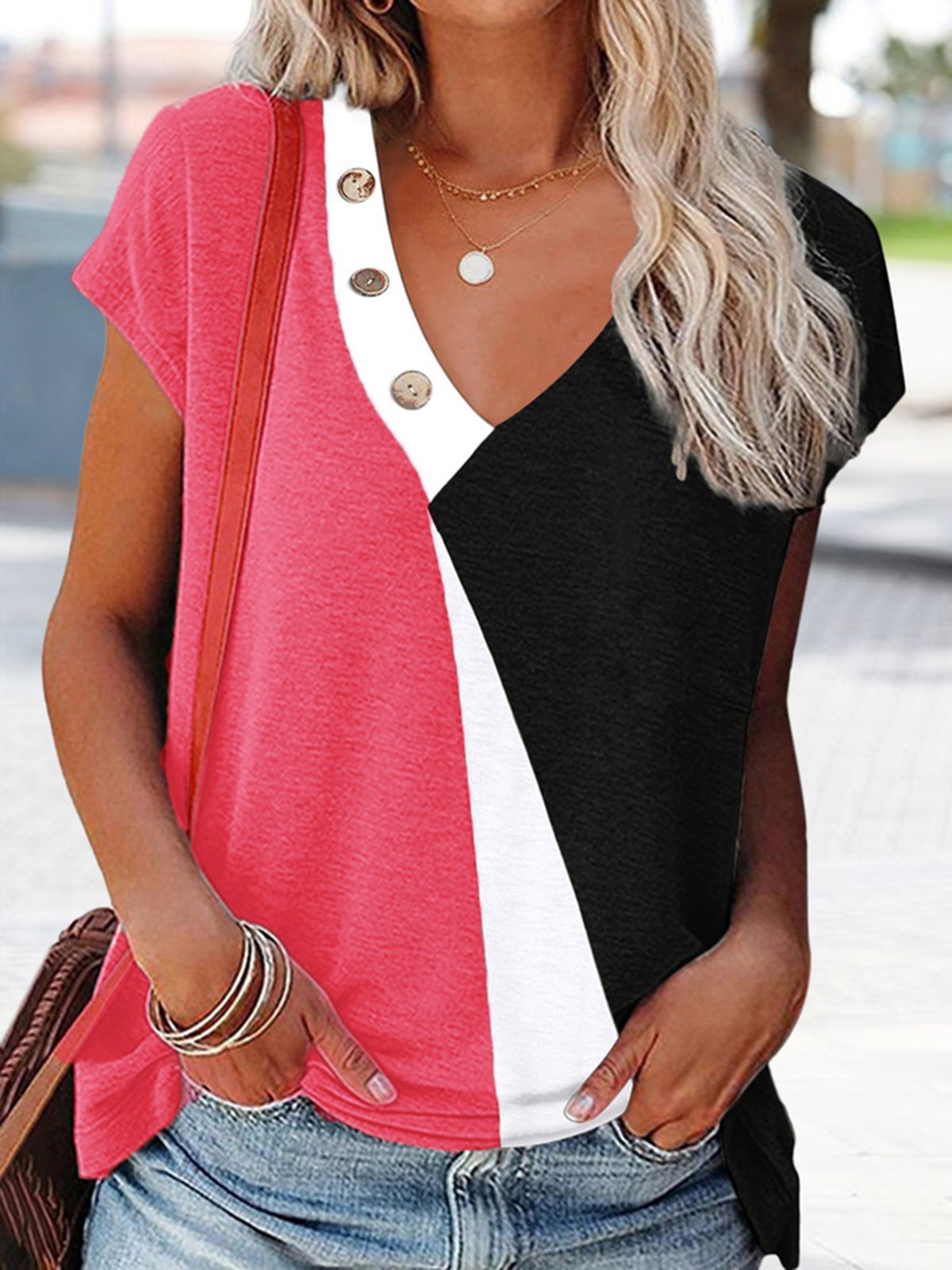 Cuello Pico Casual Flojo Bloque De Color Camiseta