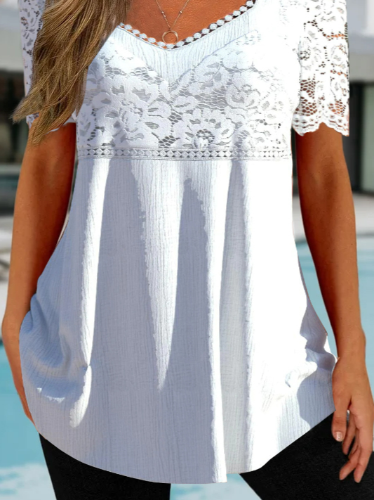 Forma De Corazón Escote Blanco De Encaje Con Remiendo Blusa