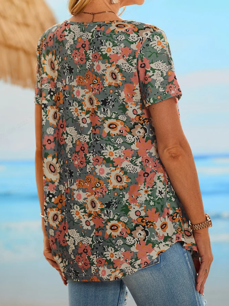 Vacaciones Gradiente Flor Medio Abierto Botón Flojo Plisado Top Camiseta Talla Grande Túnico