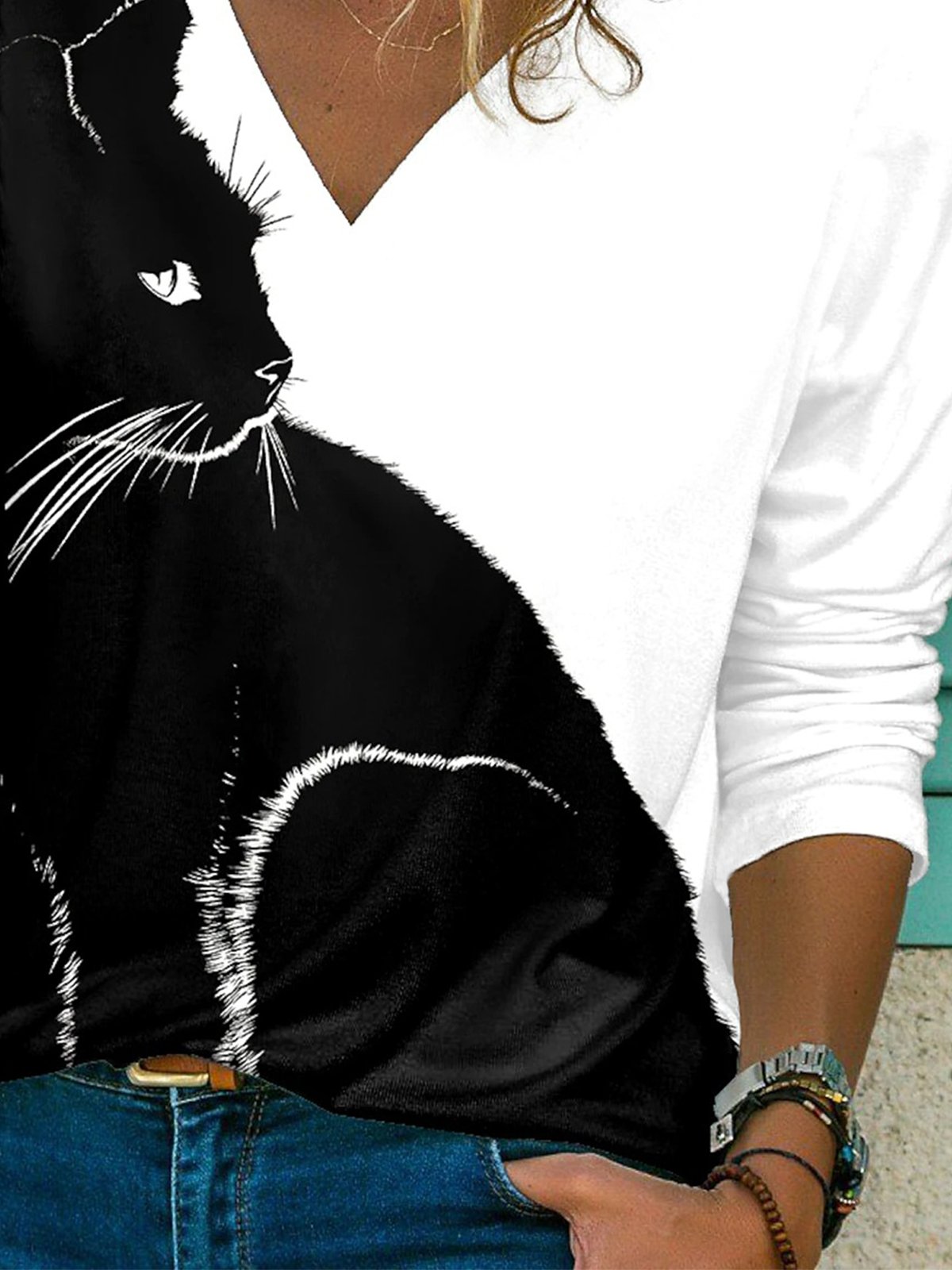 Casual Bloque De Color Animal Cuello Pico Top