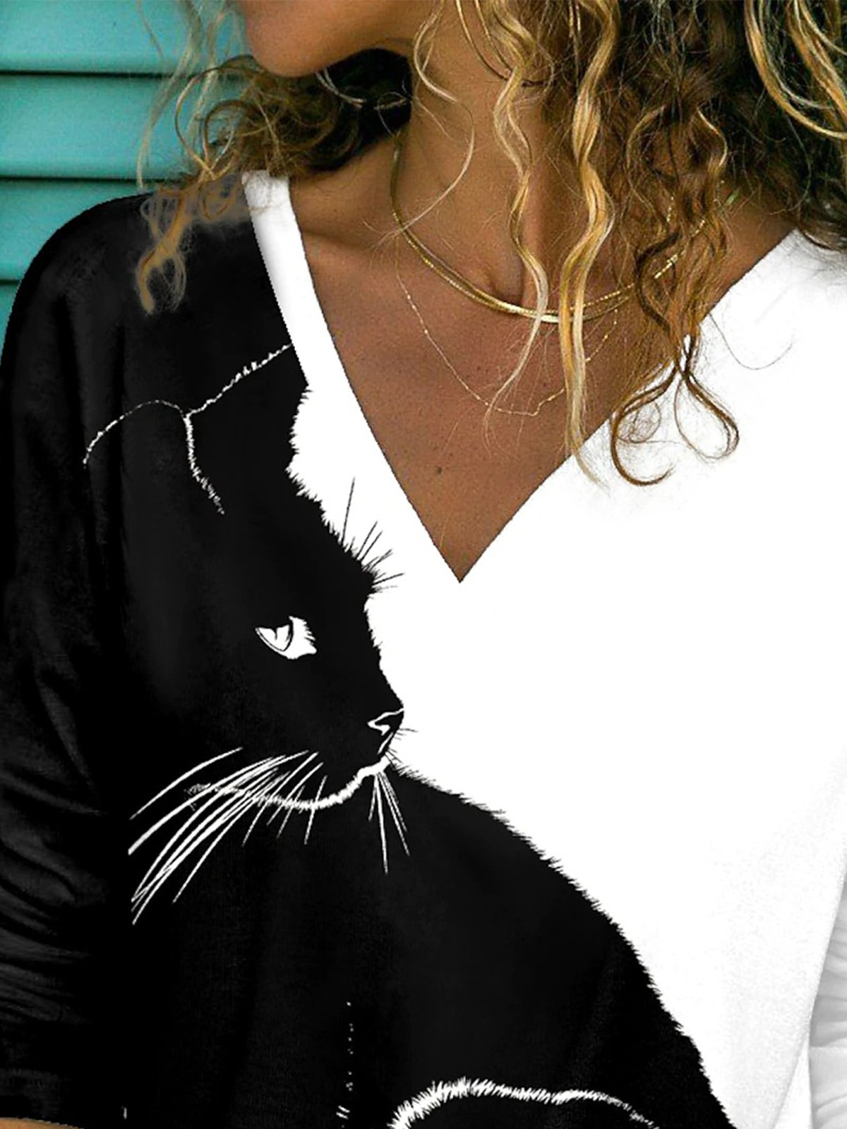 Casual Bloque De Color Animal Cuello Pico Top