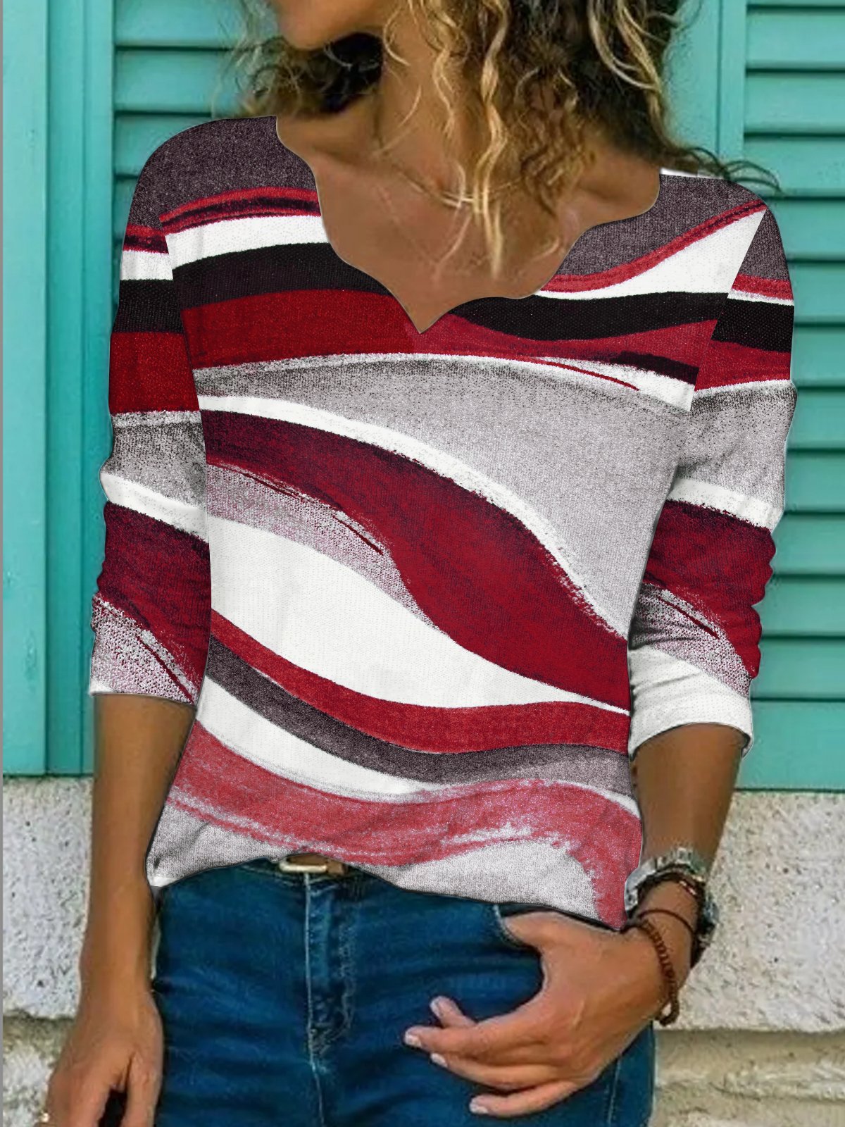 Rayas Casual Flojo Cuello Pico Camiseta