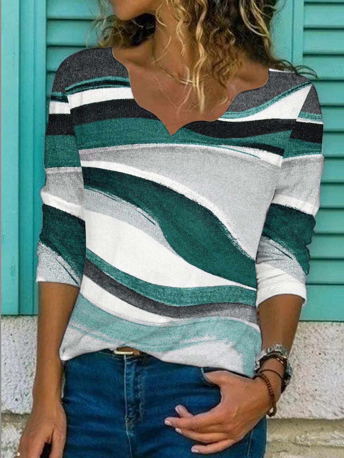 Rayas Casual Flojo Cuello Pico Camiseta