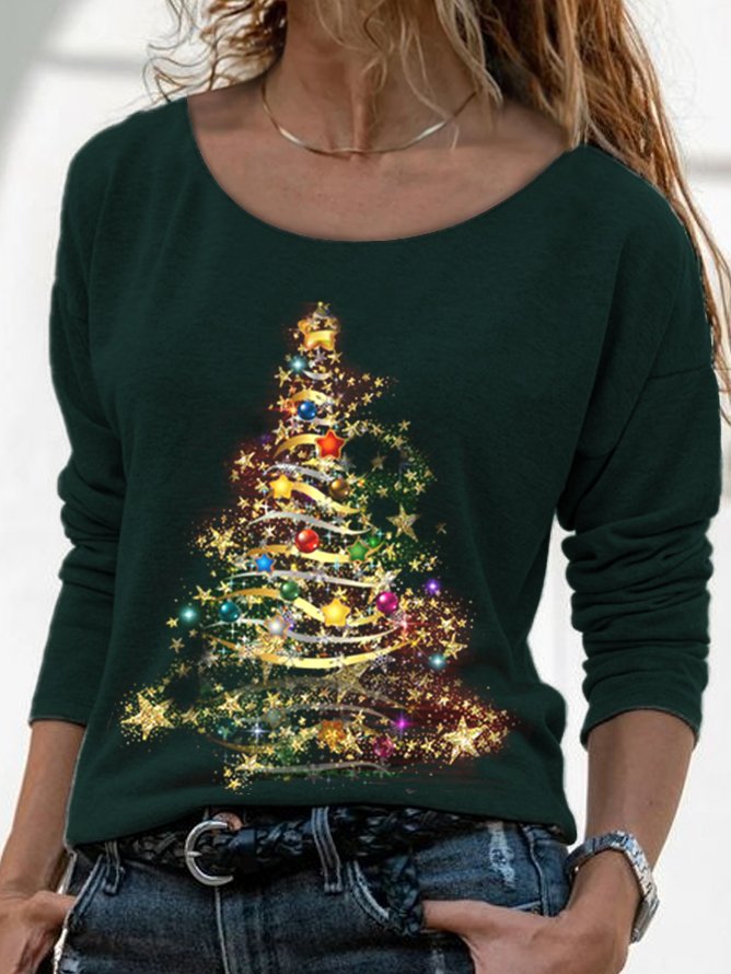 Casual Escote Redondo Árbol De Navidad Top Camiseta Mujer