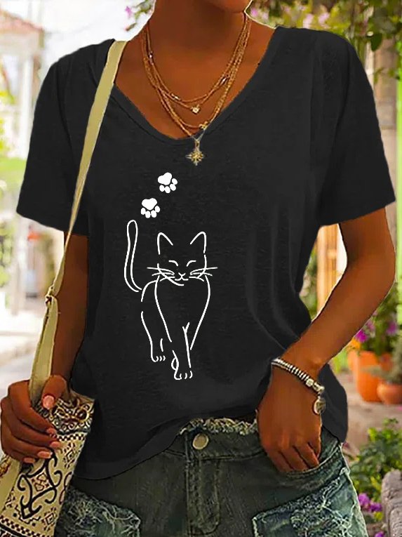 Casual Cuello Pico Algodón Gato Camiseta
