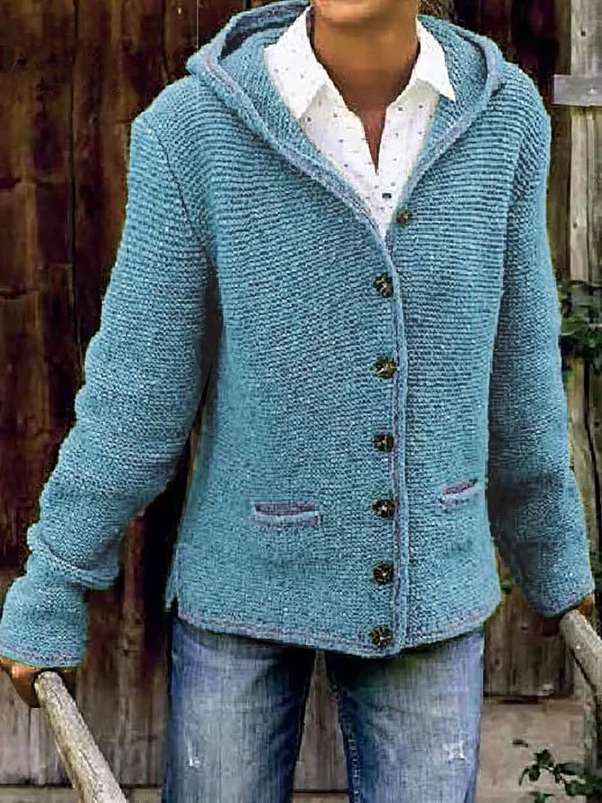 Encapuchado Botón Tejido Cárdigan Suéter Suéter Abrigo