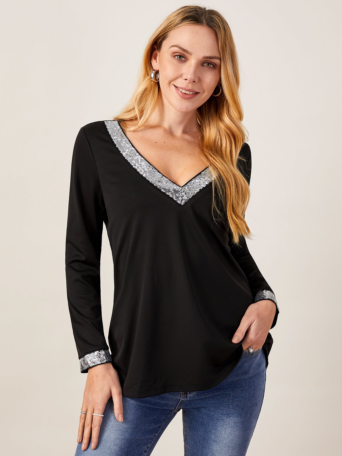 Con Lentejuelas Casual Cuello Pico Regular Ajuste Top