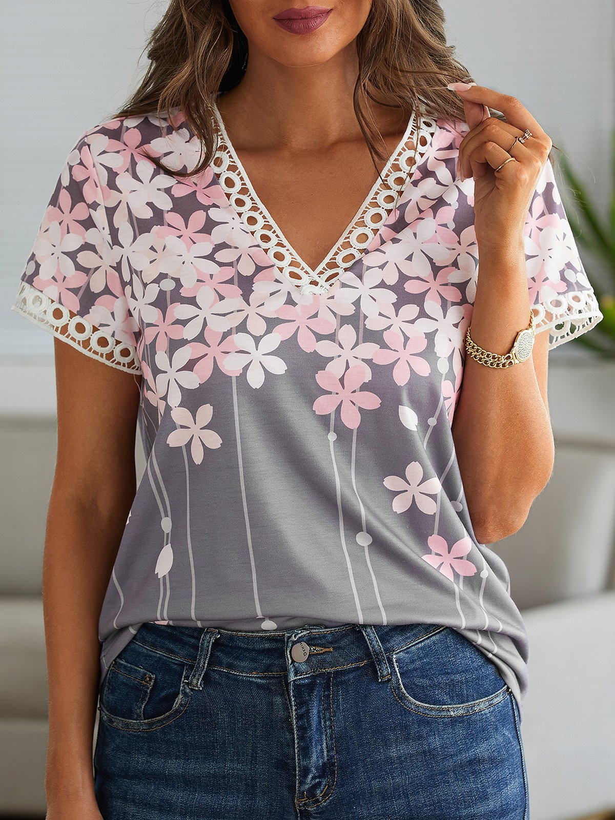 Vacación Cuello Pico Floral Manga Corta Camiseta