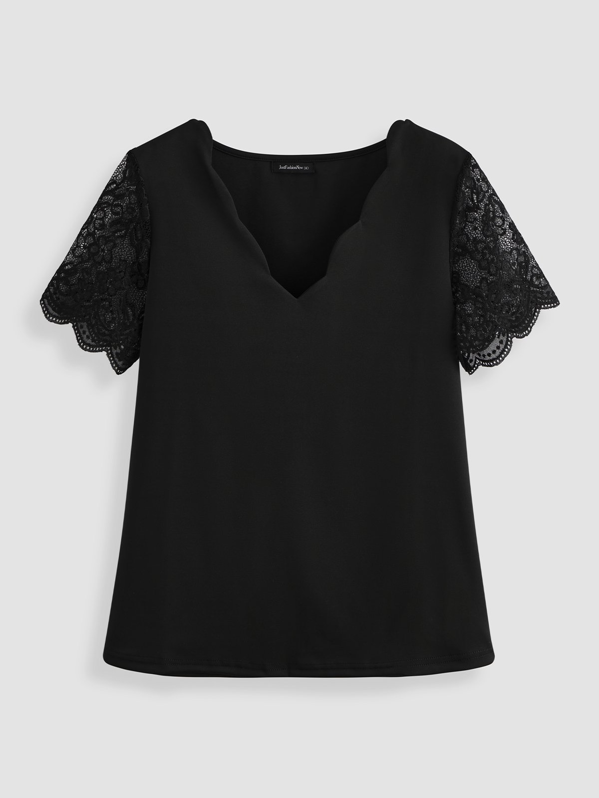 Negro Cuello Pico Casual Algodón Mezclas Manga Corta Camiseta