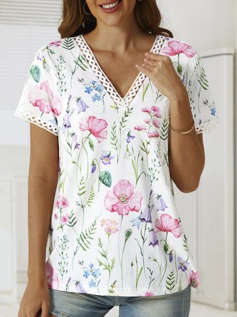 Floral Cuello Pico De Encaje Manga Corta Top