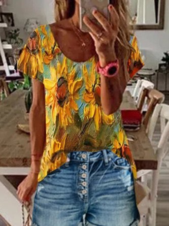 Escote Redondo Recto Girasol Manga Corta Camiseta