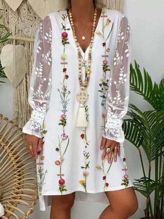 Cuello Pico Floral Algodón Mezclas Manga Larga Tejido Vestido