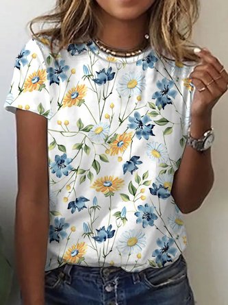 Floral Escote Redondo Vacación Aflojar Manga Corta Camiseta