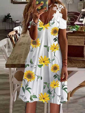 Vacación Girasol Manga Corta Tejer Vestido