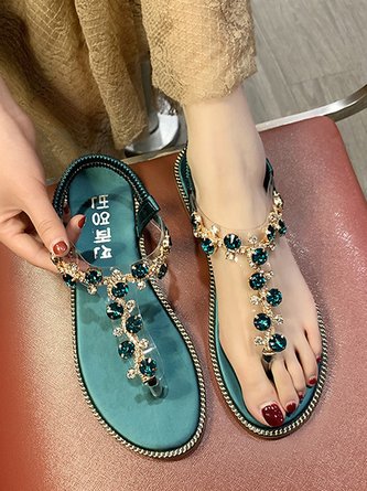 Sandalias De Mujeres Recurso Superior Diamante Recortar Plano Tanga