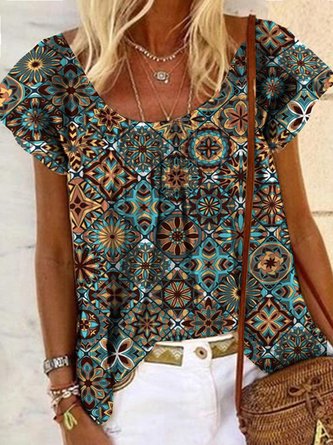Geométrico Vacación Cuello Redondo Tribal Manga Corta Camiseta