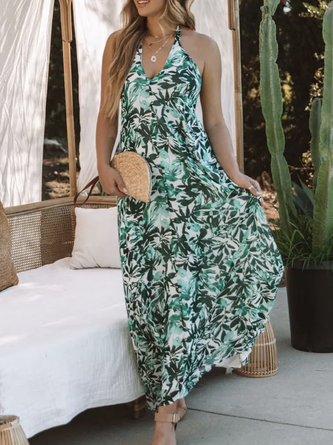 Follaje Estampado Cuello Pico Correa Flojo Vestido Playa Vestido Casual Aflojar Manga Corta Tejido Vestido