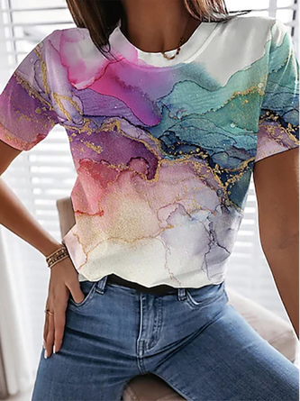 Casual Escote Redondo Ombre Manga Corta Camiseta