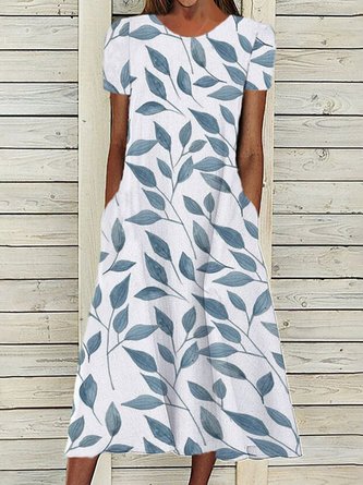 Hojas Estampado Bolsillos Manga Corta Tejido Vestido