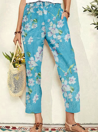 Azul Floral Cortado Recurso Casual Bolsillo Pantalones Aflojar Bohémico Pantalones