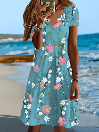 Floral Casual Cuello Pico Manga Corta Tejer Vestido