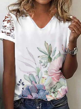 Estampado Floral Verano Nuevo Mejor Vendido De Encaje Panel Manga Corta Camiseta Para Mujeres