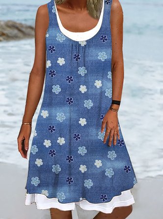 Sintética Mezclilla Floral Diseño Falso Dos Piezas Musculosa Vestido